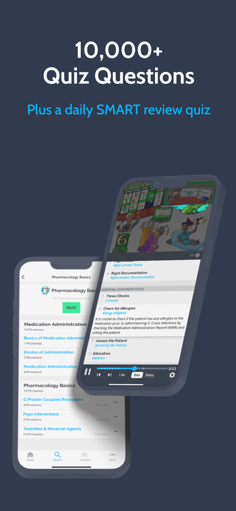 Picmonic Nursing School Study - Picmonic nursing school study app interface showing pharmacology quiz questions and mnemonic learning tools.