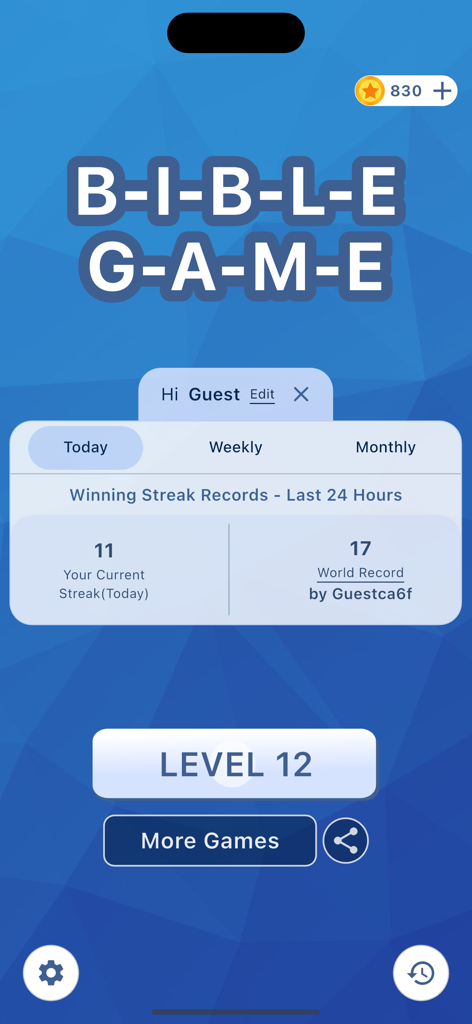 Bible Game - Verses God's Word - Bible Game main menu screen with winning streak records and level progress