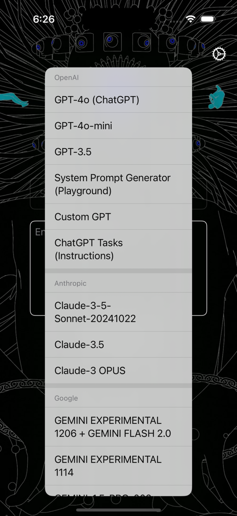 Ai Liberator - Ai Liberatorアプリで、OpenAI、Anthropic、GoogleのさまざまなAIモデルの選択メニューを表示する画面。