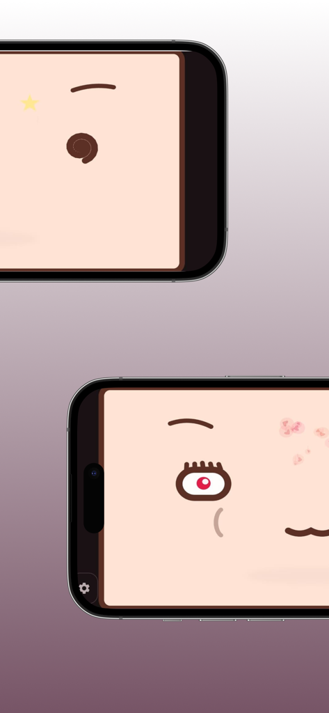 Two iPhones displaying minimalist cute faces of the OuO digital pet with expressive eyes and pink blush