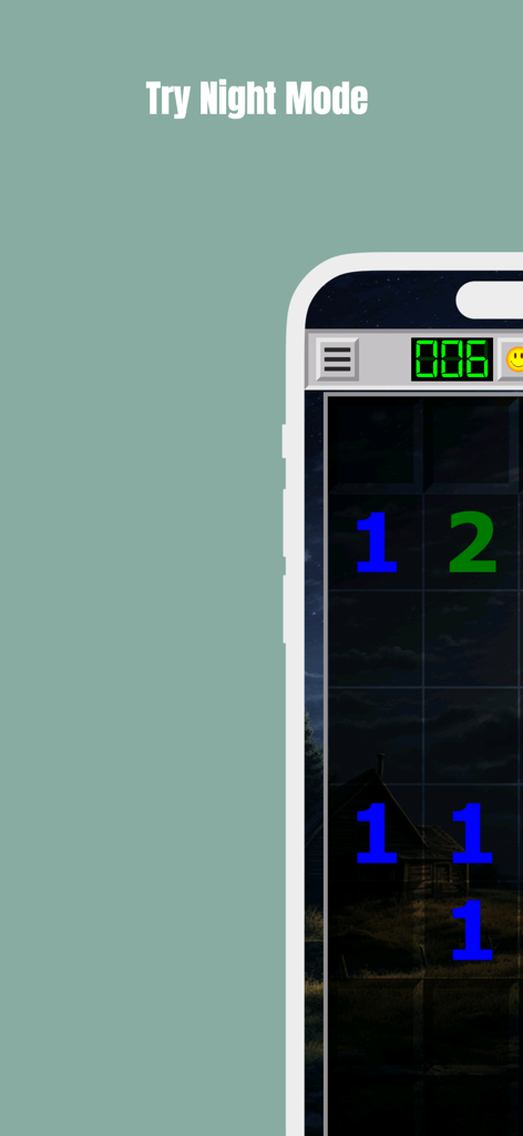 Interfaz de la aplicación móvil Buscaminas que muestra el tema de modo noche para jugar por la noche.