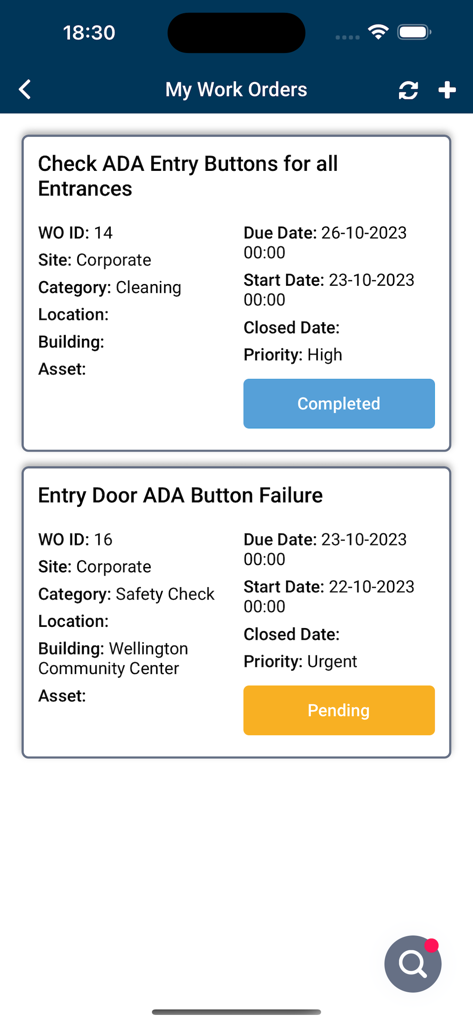 EagleCMMS - EagleCMMS app interface showing a list of facility maintenance work orders with completed and pending status on a mobile device.