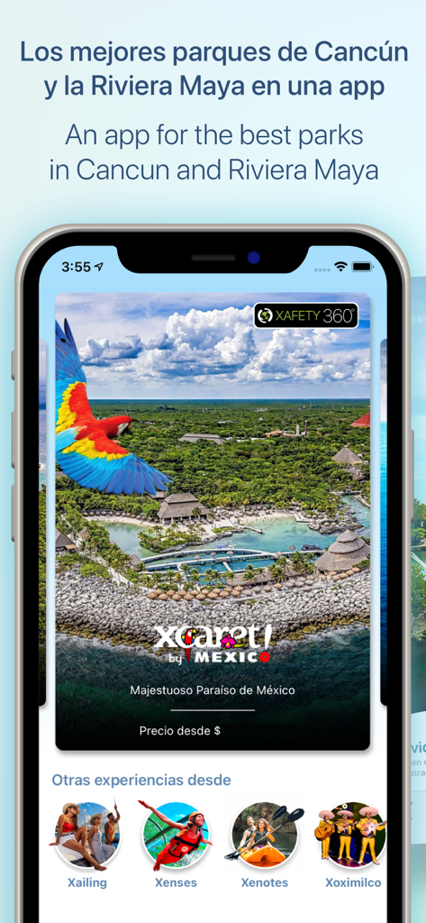 XCARET! mobile app showing a scenic park view and various travel experiences in Cancun and Riviera Maya