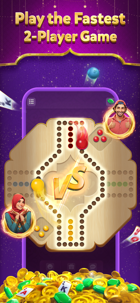 Jackaroo Star-Fastest Jackaroo - ジャカロー・スターのモバイルボードゲームインターフェイス。マーブルとカードを使った2人用対戦を示しています