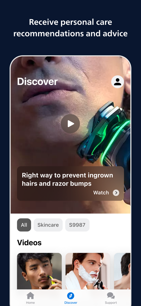 GroomTribe app Discover tab showing personal care recommendations and shaving tutorial videos