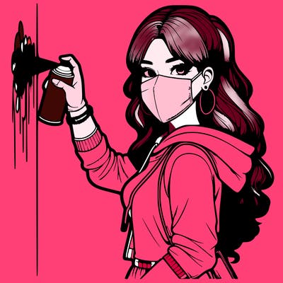 realistic girl with mask spray painting a wall