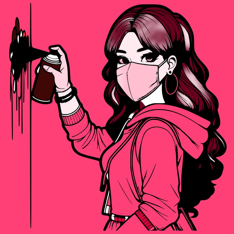 realistic girl with mask spray painting a wall