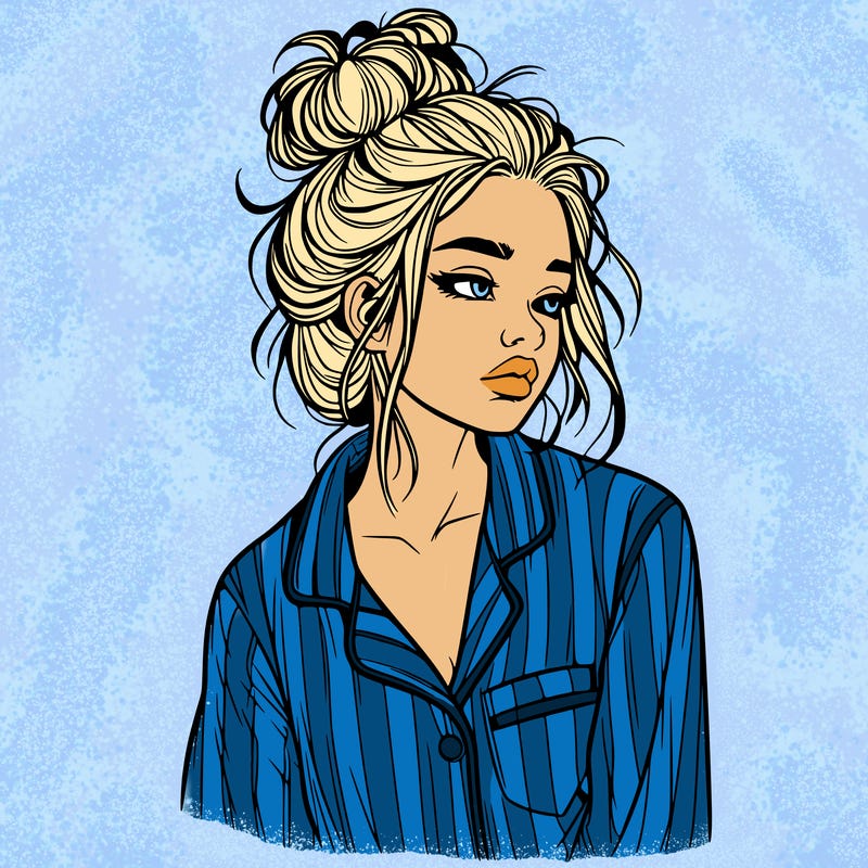 realistic woman with pajamas on and a messy bun