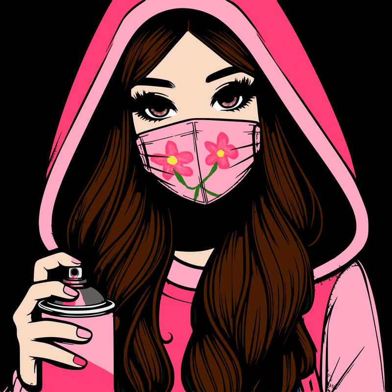girl wearing a mask with long hair with her hood up spray-painting realistic