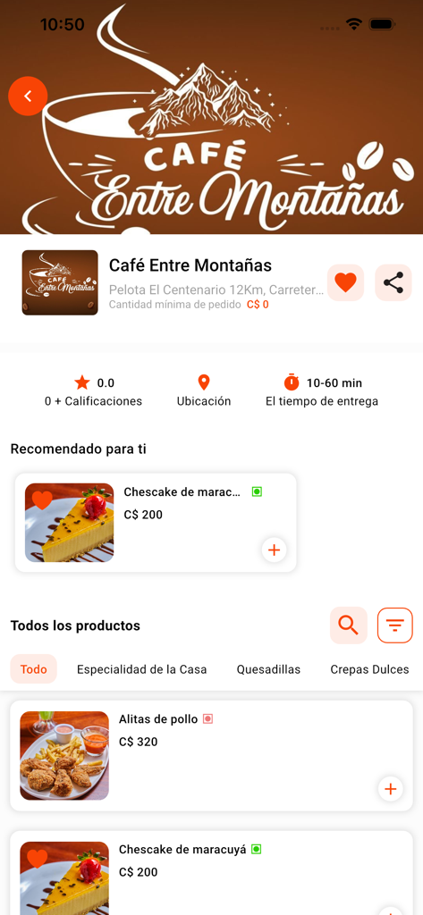 Pide Fácil - Menu for Cafe Entre Montanas on the Pide Facil delivery app showing food items like passion fruit cheesecake and chicken wings