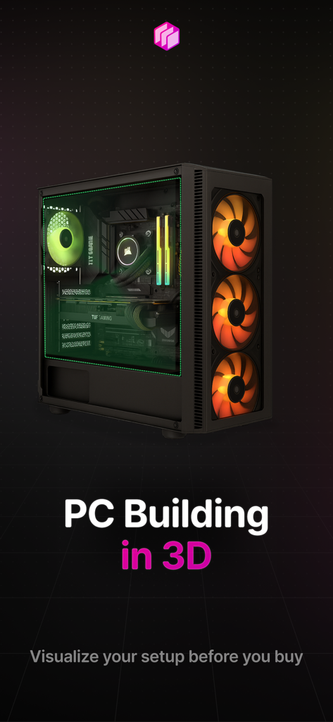 A 3D visualization of a custom gaming PC setup within the BuildCores app