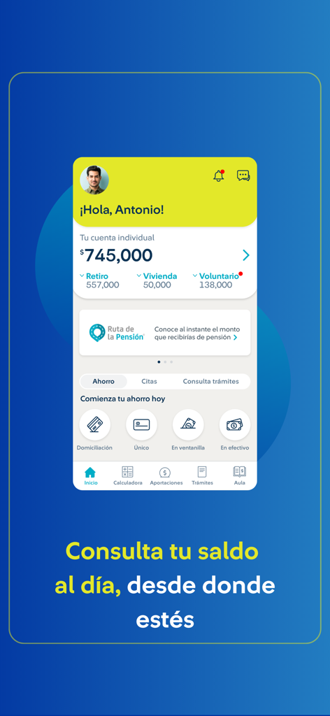 Afore SURA app dashboard displaying account balance and retirement savings options