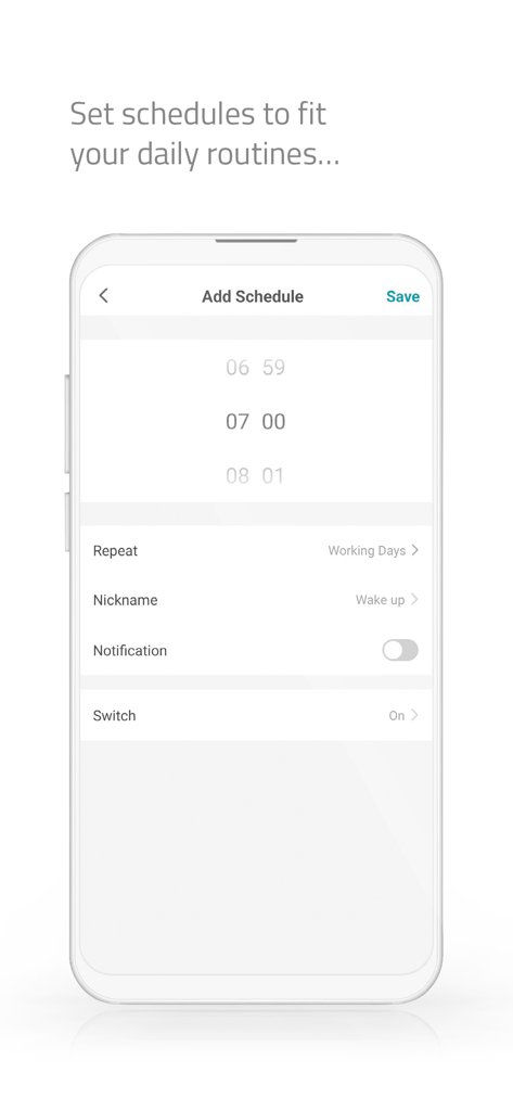Nedis SmartLife - Screenshot of the Nedis SmartLife app showing the interface to set a daily routine schedule at 7 AM