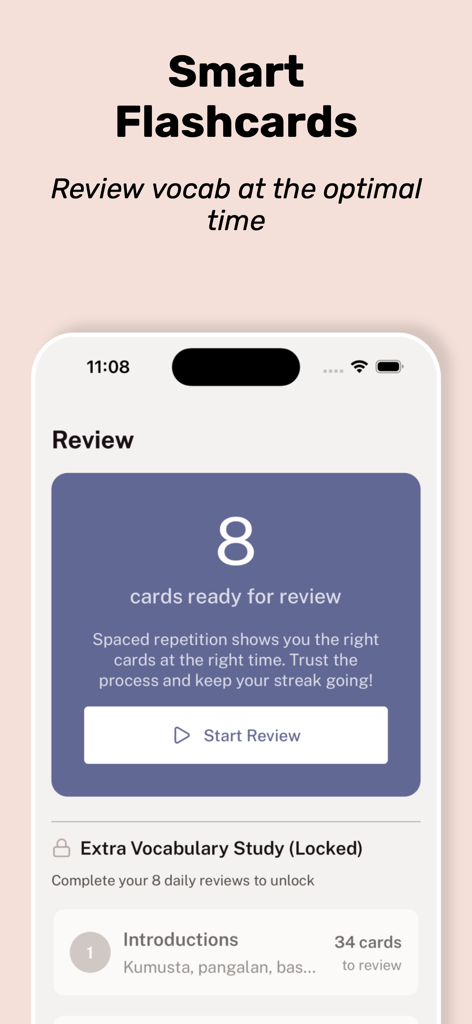 Tahanan app smart flashcards interface showing eight cards ready for review using spaced repetition for Tagalog vocabulary