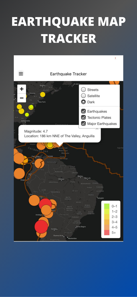 Earthquake Map Tracker - Un mapa interactivo global de terremotos que muestra la magnitud y las ubicaciones de la actividad sísmica en modo oscuro