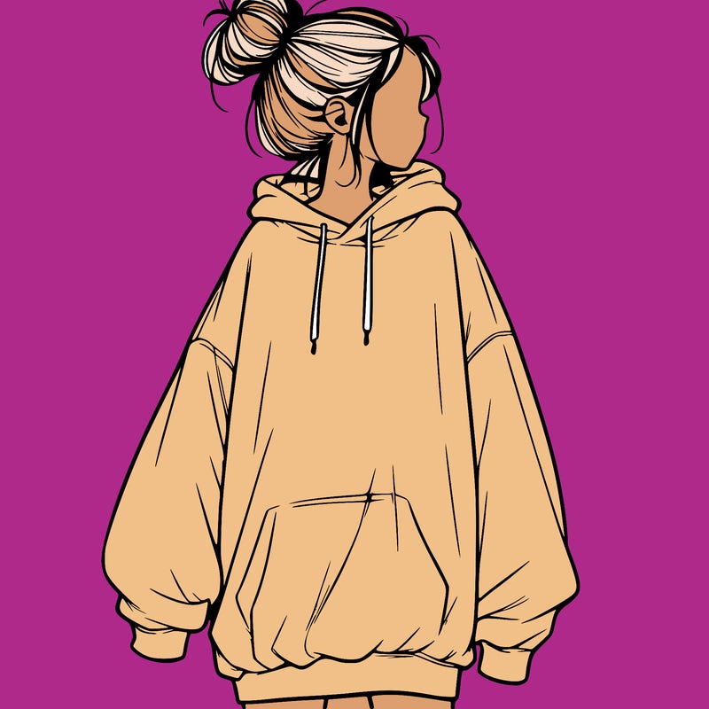 realistic girl with a oversized sweatshirt on and a bun