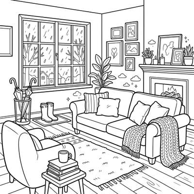 Find your indoor sanctuary with this delightful coloring page featuring a cozy living room setup, perfect for a rainy day. Settle in with comfy sofas and a warm fireplace as raindrops gently fall outside the window, inviting a calming coloring experience.