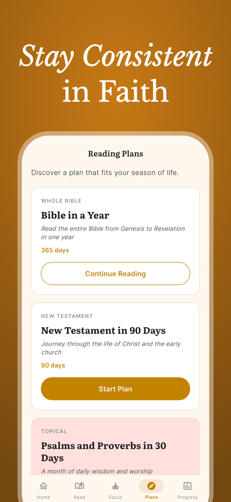 Holy Bible & Daily Verse - Interface of the Holy Bible and Daily Verse app showcasing various spiritual reading plans like Bible in a Year and New Testament in 90 Days.
