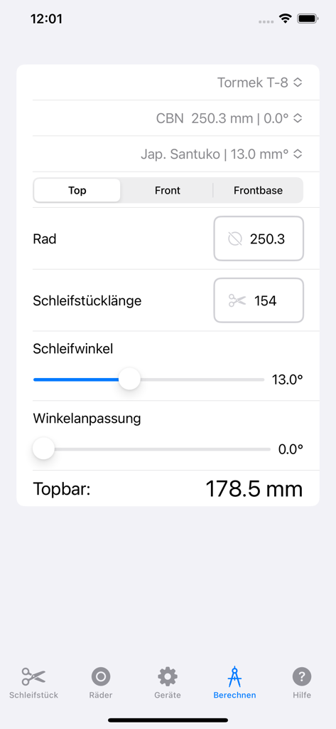 Grindcalculator - Grindcalculator Mobile App-Oberfläche, die Winkel- und Werkzeughöhenberechnungen für ein Santoku-Messer anzeigt.