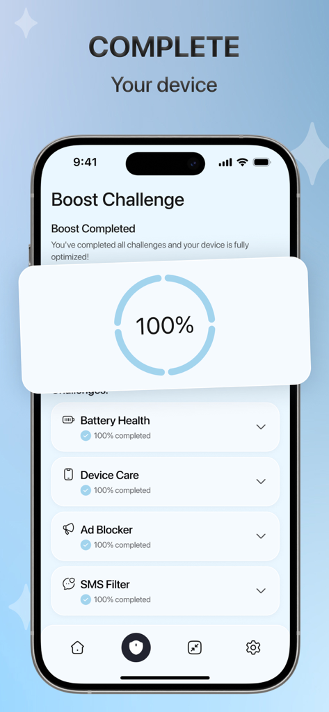 Smartphone-Bildschirm mit der SwiftClean-App und abgeschlossenen Optimierungsaufgaben