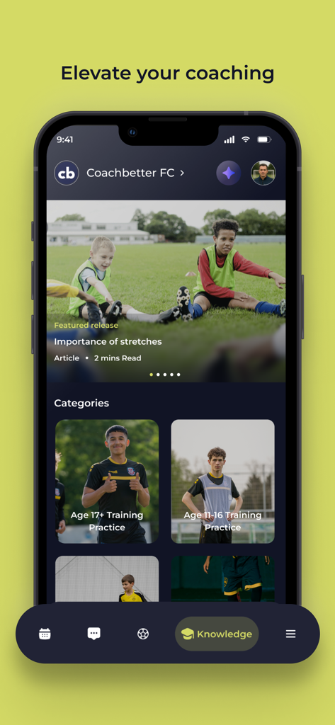 coachbetter - Mobile interface of the coachbetter app showing soccer training categories and coaching articles for different age groups