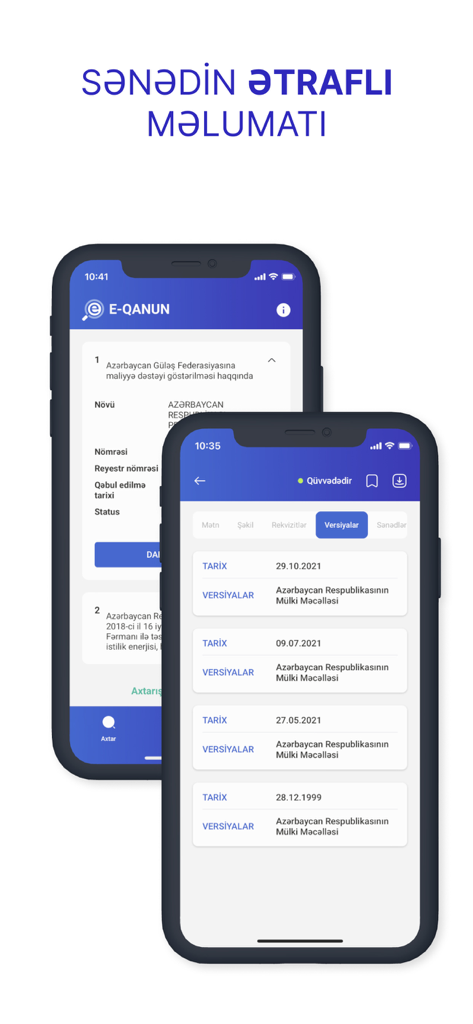E-qanun - アゼルバイジャン語で法的文書の詳細とバージョン履歴を示すE-qanunモバイルアプリのインターフェイス