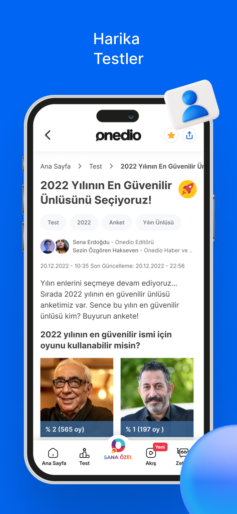 Onedio – İçerik, Haber, Test - Pantalla de la aplicación móvil Onedio que muestra una encuesta interactiva sobre celebridades turcas populares.