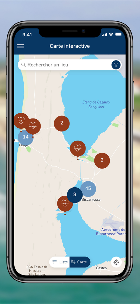 Ville de Biscarrosse - Vista della mappa interattiva nell'app Ville de Biscarrosse che mostra servizi locali e punti di emergenza