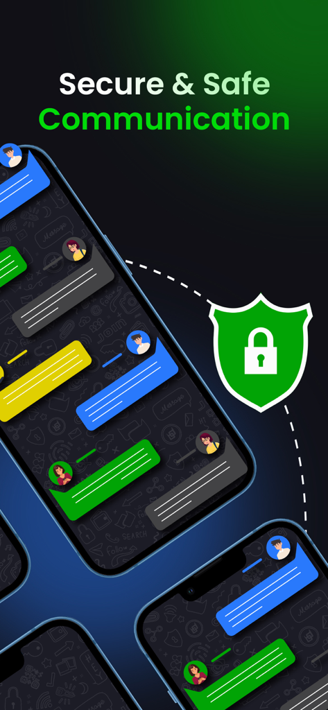 방패 아이콘이 있는 BChat 메신저의 안전하고 보안이 유지되는 통신 인터페이스