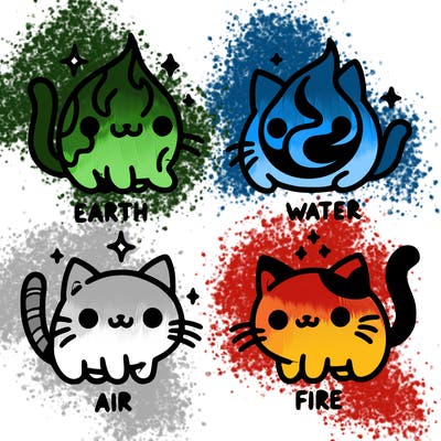 4 cats that represent the different elements, earth, water, air, and fire