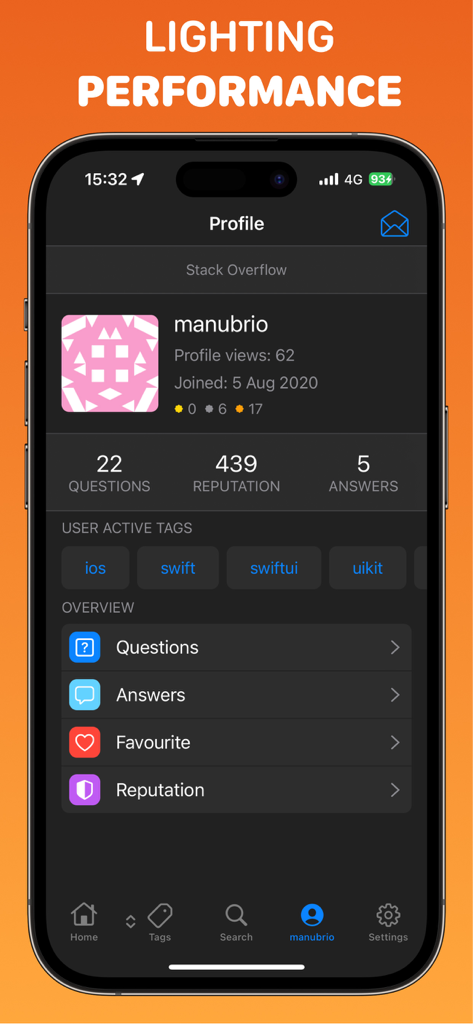 Crew - Stack Overflow Code Q&A - A mobile interface of the Crew app showing a Stack Overflow user profile with reputation points and active developer tags in dark mode