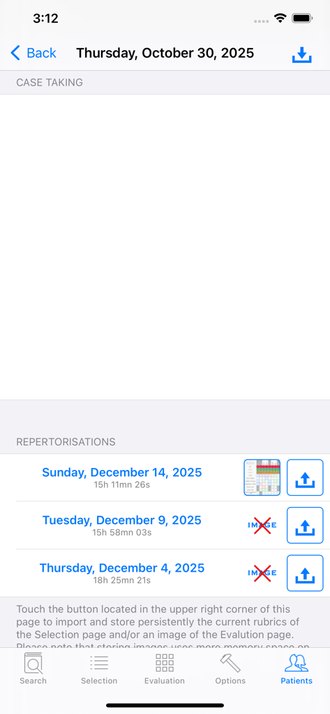 Patient case taking and repertorization history records in the Boger homeopathy app