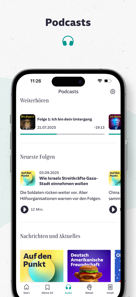 SZ Nachrichten - La sección de podcasts y audio de la aplicación móvil SZ Nachrichten mostrando los últimos episodios de noticias.