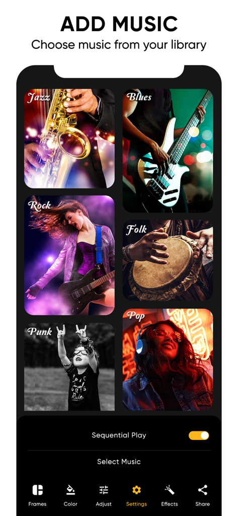 Écran de sélection de musique dans l'application Collage Maker présentant divers genres musicaux pour les collages vidéo