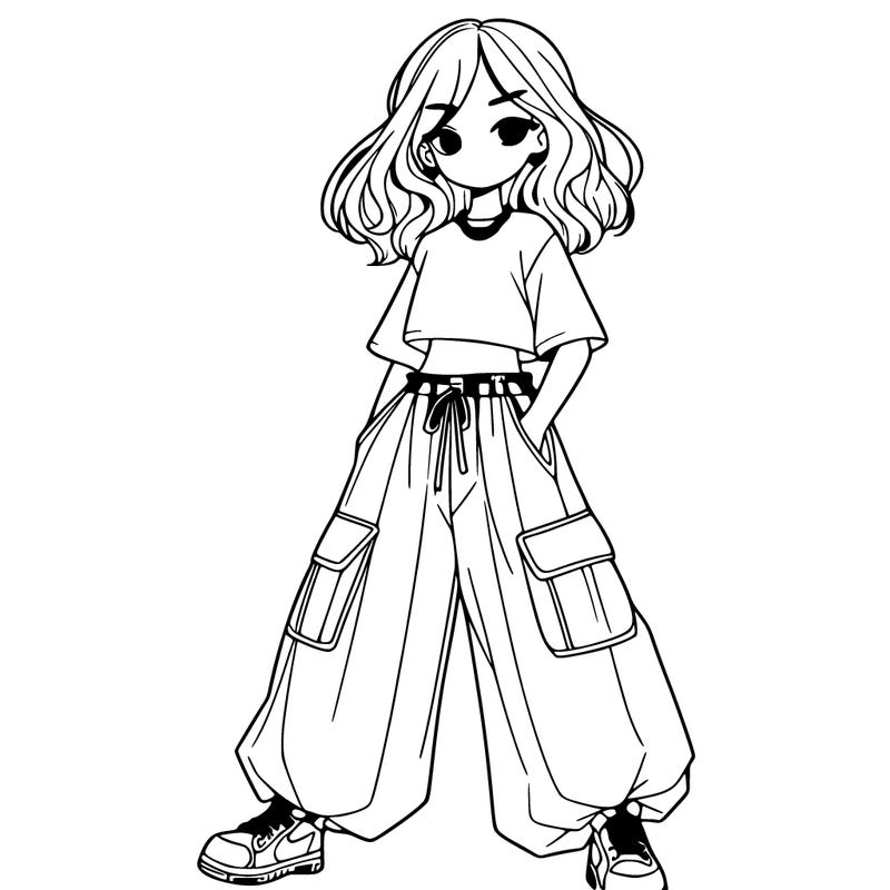 girl in baggy pants crop top long hair