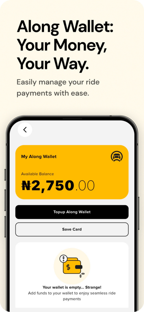 Interfaz de la aplicación Along que muestra la pantalla de la billetera digital con el saldo disponible y las opciones de gestión de pagos