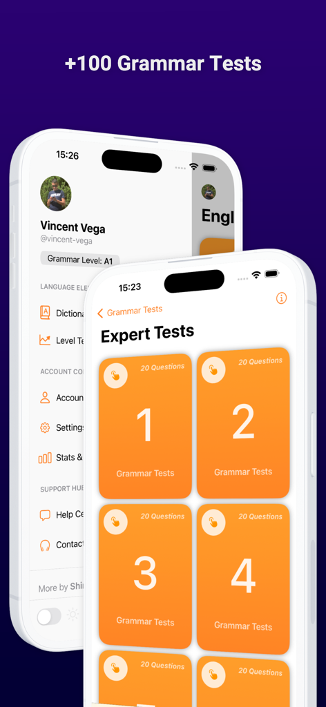 English Grammar Test PRO - English Grammar Test PRO app showing expert level proficiency tests on mobile interface