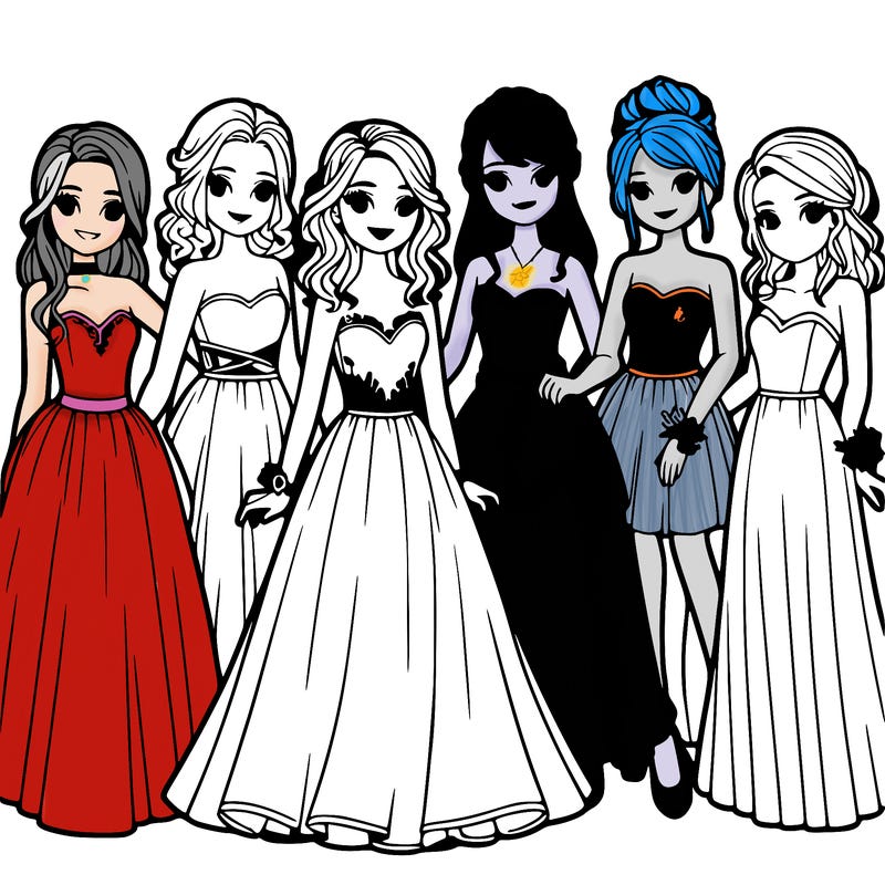 group of teenage girls in prom dresses