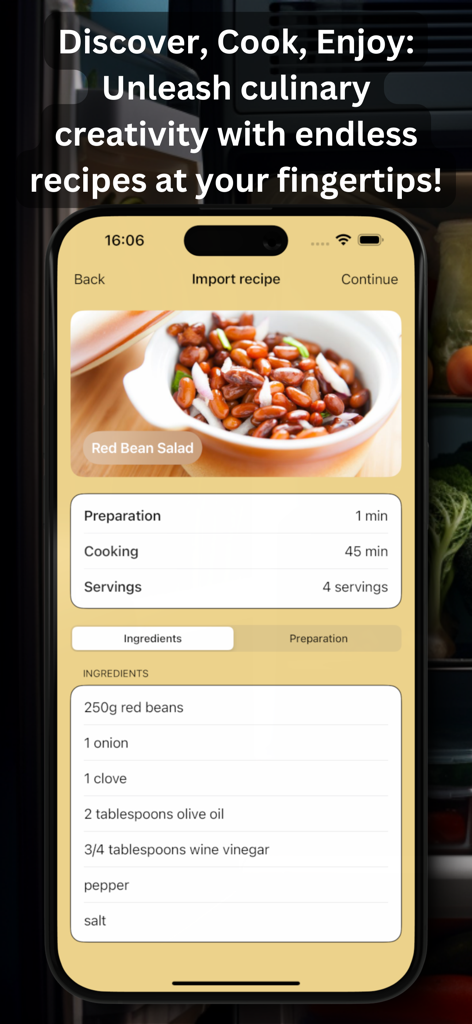 Meal Planner - Grocery List - Meal Planner app interface displaying an imported red bean salad recipe with ingredients and preparation time.