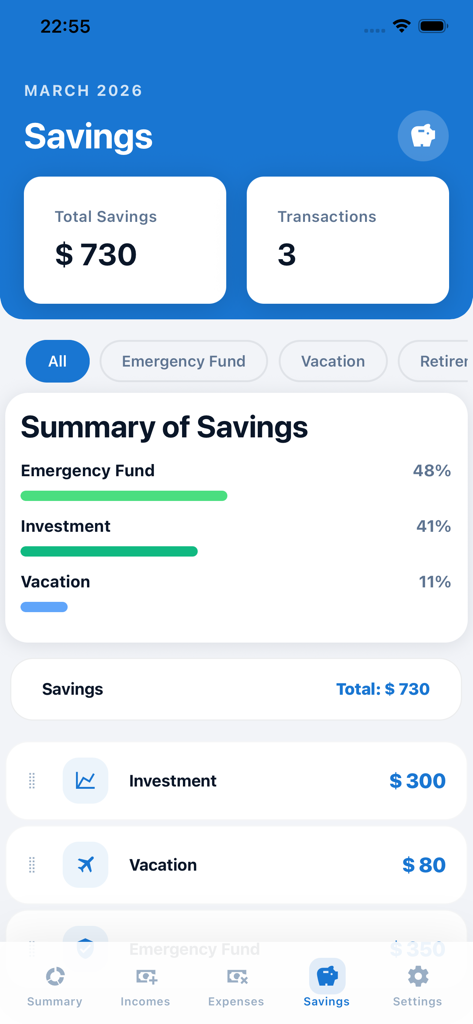 Plan And Save - A tela de resumo de poupança do aplicativo Plan and Save mostrando um total de 730 dólares economizados com barras de progresso para fundo de emergência e metas de investimento.