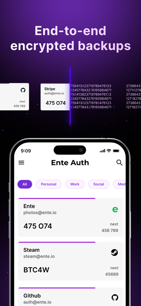 Ente Auth - 2FA Authenticator - Ente Auth mobile app interface showing 2FA codes and end-to-end encrypted backup feature