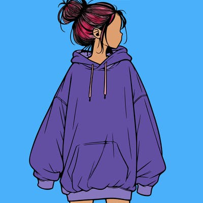 realistic girl with a oversized sweatshirt on and a bun