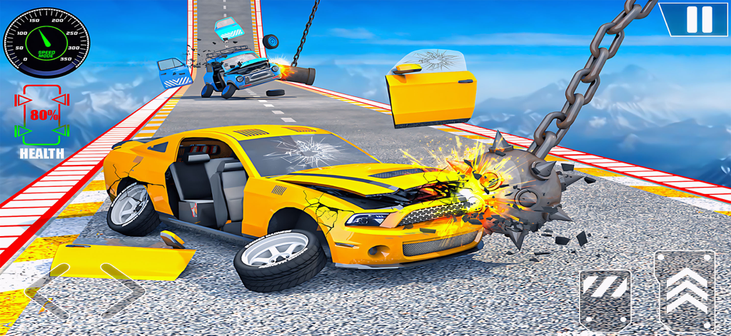Car crash Destruction Derby 3d - A yellow car being smashed by a spiked wrecking ball on a high-altitude stunt track in Car Crash Destruction Derby 3D.