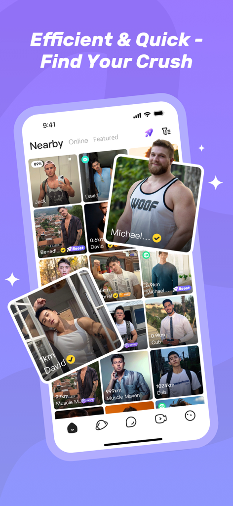 HeeSay:Blued Gay Chat & Dating - A screenshot of the HeeSay app showing a grid of nearby user profiles and the text Efficient and Quick Find Your Crush.