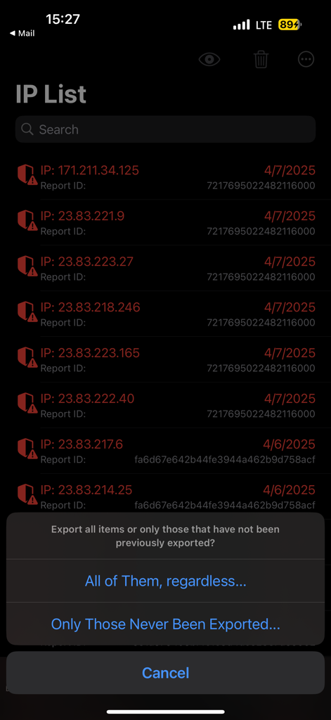 DMARC Aide - A list of malicious IP addresses in the DMARC Aide app with export options shown in a pop-up menu