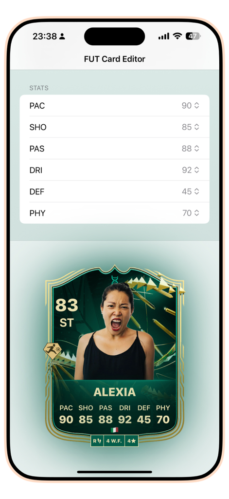 FUT FC 26: Soccer Card Creator - Benutzerdefinierter Fußballkarten-Editor, der einstellbare Spielerstatistiken und eine Karten-Vorschau zeigt.