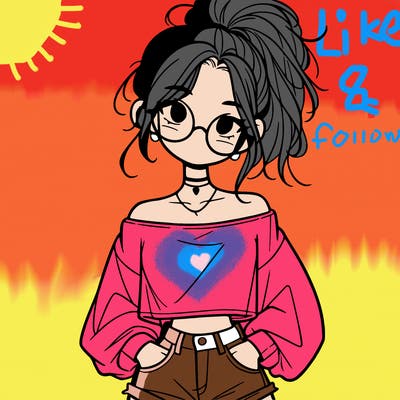 girl with a messy ponytail glasses a baggy crop top and jean shorts