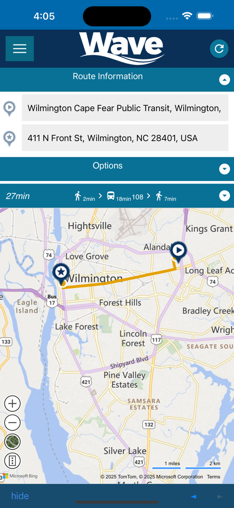 Wave Transit - Wilmington - Wave Transit Wilmington app interface showing a bus route map and travel time information for a trip in Wilmington North Carolina