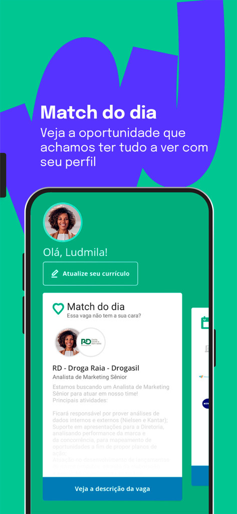Vagas de Emprego - Vagas.com - Tela do aplicativo móvel Vagas.com mostrando a recomendação de vaga diária Match do dia para um analista de marketing