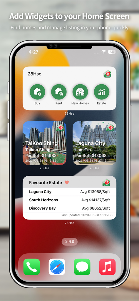 An iPhone home screen showing 28Hse mobile app widgets for monitoring Hong Kong property prices and listings